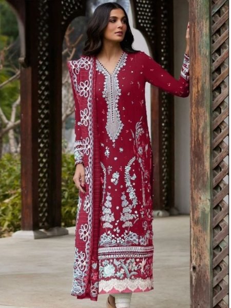 Radiant Maroon Women s Pure Cotton Embroidered Suit Set with Semi Lawn Bottom 