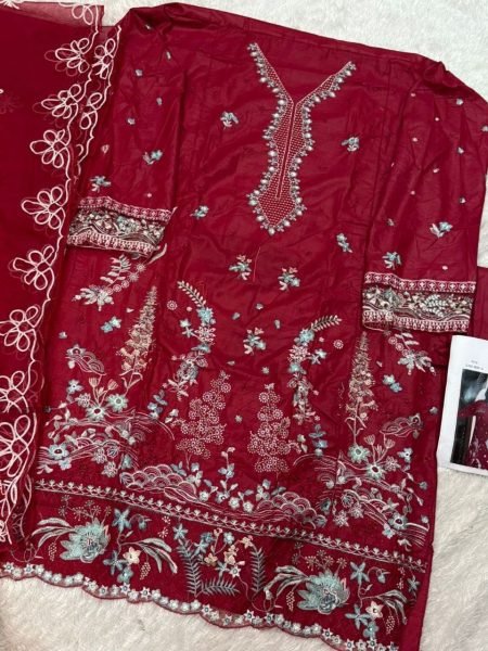 Radiant Maroon Women s Pure Cotton Embroidered Suit Set with Semi Lawn Bottom Pakistani Suits Wholesale