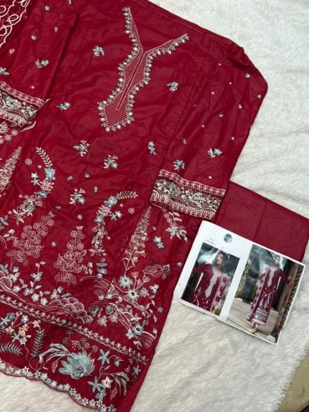 Radiant Maroon Women s Pure Cotton Embroidered Suit Set with Semi Lawn Bottom Pakistani Suits Wholesale
