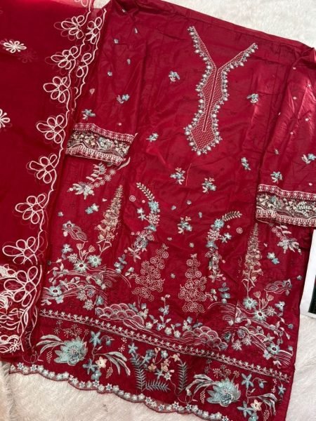 Radiant Maroon Women s Pure Cotton Embroidered Suit Set with Semi Lawn Bottom Pakistani Suits Wholesale