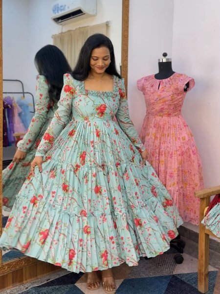 Radiant Mint Green Chanderi Cotton Floral Gown with Elegant Neck Design and Full Lining Kurtis