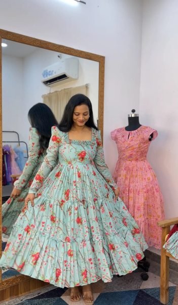 Radiant Mint Green Chanderi Cotton Floral Gown with Elegant Neck Design and Full Lining Western Ladies Top Wholesale