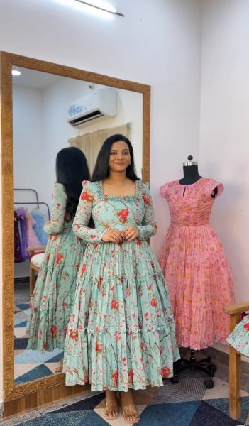 Radiant Mint Green Chanderi Cotton Floral Gown with Elegant Neck Design and Full Lining Western Ladies Top Wholesale
