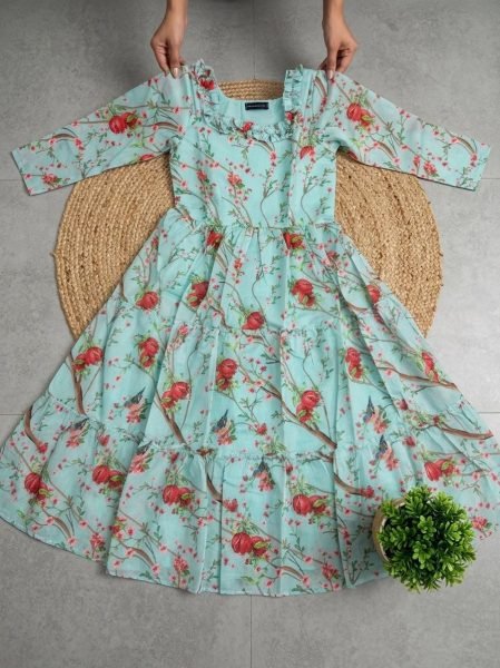 Radiant Mint Green Chanderi Cotton Floral Gown with Elegant Neck Design and Full Lining Western Ladies Top Wholesale