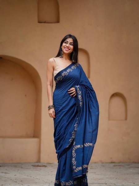 Radiant Navy Blue Linen Cotton Saree with Satin Banglory Blouse at Wholesale Rate Sarees 
