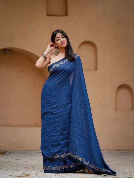 Radiant Navy Blue Linen Cotton Saree with Satin Banglory Blouse at Wholesale Rate Cotton Sarees Wholesale