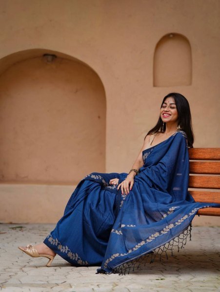 Radiant Navy Blue Linen Cotton Saree with Satin Banglory Blouse at Wholesale Rate Cotton Sarees Wholesale