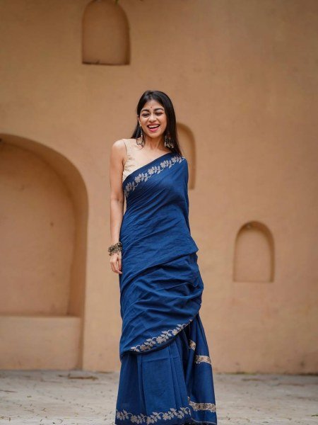 Radiant Navy Blue Linen Cotton Saree with Satin Banglory Blouse at Wholesale Rate Cotton Sarees Wholesale