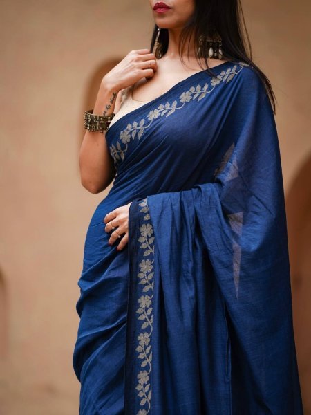 Radiant Navy Blue Linen Cotton Saree with Satin Banglory Blouse at Wholesale Rate Cotton Sarees Wholesale