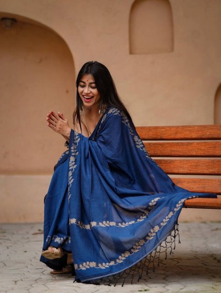 Radiant Navy Blue Linen Cotton Saree with Satin Banglory Blouse at Wholesale Rate Cotton Sarees Wholesale