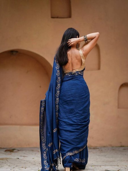 Radiant Navy Blue Linen Cotton Saree with Satin Banglory Blouse at Wholesale Rate Cotton Sarees Wholesale