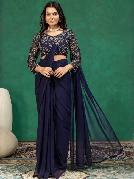 Radiant Navy Blue Ready Made Faux Georgette Saree with Fully Embroidered Blouse 