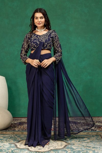 Radiant Navy Blue Ready Made Faux Georgette Saree with Fully Embroidered Blouse Ready To Wear Saree 