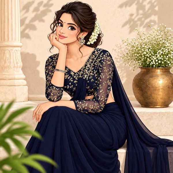 Radiant Navy Blue Ready Made Faux Georgette Saree with Fully Embroidered Blouse Ready To Wear Saree 