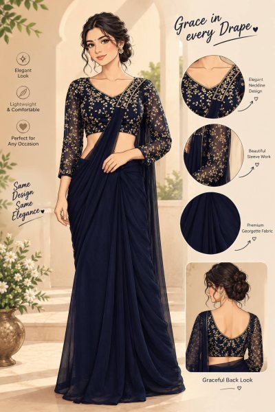 Radiant Navy Blue Ready Made Faux Georgette Saree with Fully Embroidered Blouse Ready To Wear Saree 