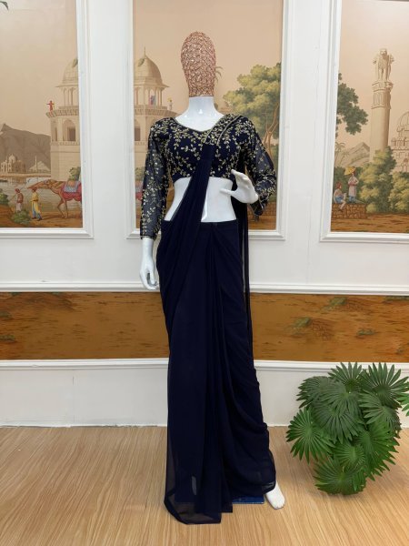 Radiant Navy Blue Ready Made Faux Georgette Saree with Fully Embroidered Blouse Ready To Wear Saree 