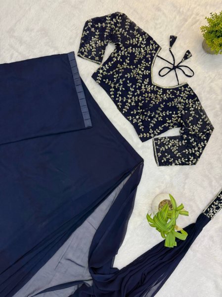 Radiant Navy Blue Ready Made Faux Georgette Saree with Fully Embroidered Blouse Ready To Wear Saree 