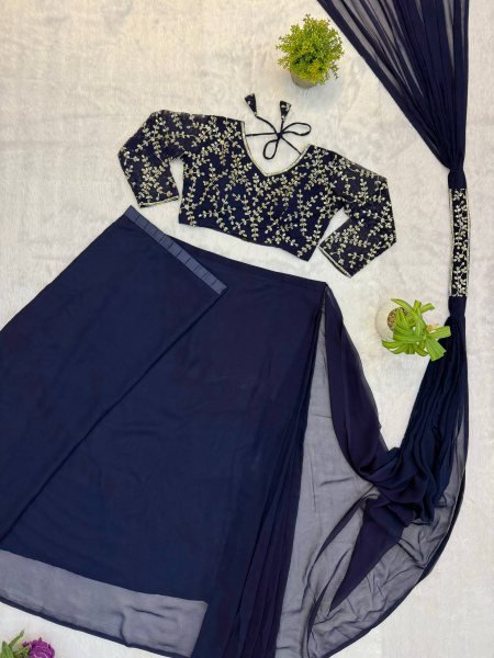 Radiant Navy Blue Ready Made Faux Georgette Saree with Fully Embroidered Blouse Ready To Wear Saree 