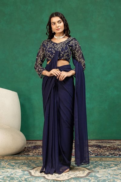 Radiant Navy Blue Ready Made Faux Georgette Saree with Fully Embroidered Blouse Ready To Wear Saree 