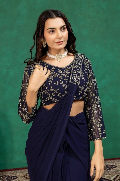 Radiant Navy Blue Ready Made Faux Georgette Saree with Fully Embroidered Blouse Ready To Wear Saree 