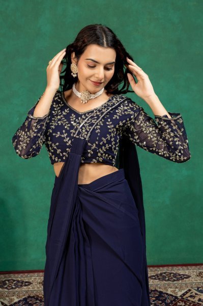 Radiant Navy Blue Ready Made Faux Georgette Saree with Fully Embroidered Blouse Ready To Wear Saree 