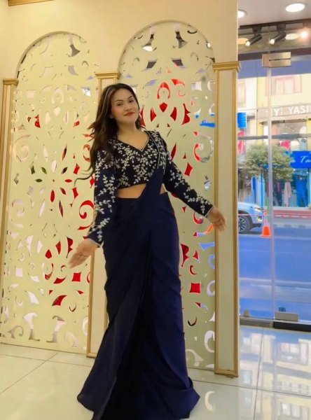 Radiant Navy Blue Ready Made Faux Georgette Saree with Fully Embroidered Blouse Ready To Wear Saree 