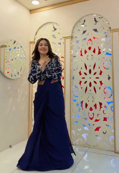 Radiant Navy Blue Ready Made Faux Georgette Saree with Fully Embroidered Blouse Ready To Wear Saree 