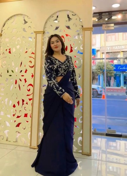 Radiant Navy Blue Ready Made Faux Georgette Saree with Fully Embroidered Blouse Ready To Wear Saree 