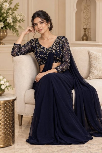 Radiant Navy Blue Ready Made Faux Georgette Saree with Fully Embroidered Blouse Ready To Wear Saree 