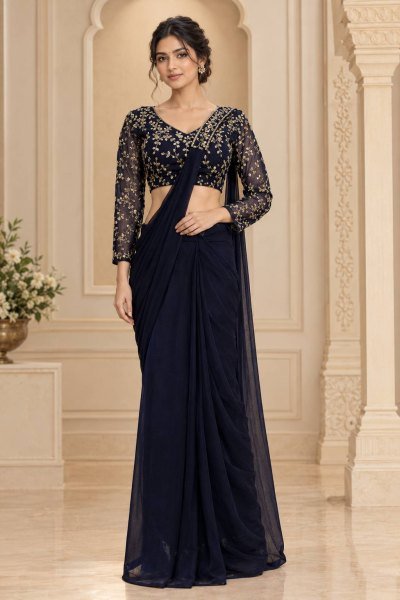 Radiant Navy Blue Ready Made Faux Georgette Saree with Fully Embroidered Blouse Ready To Wear Saree 