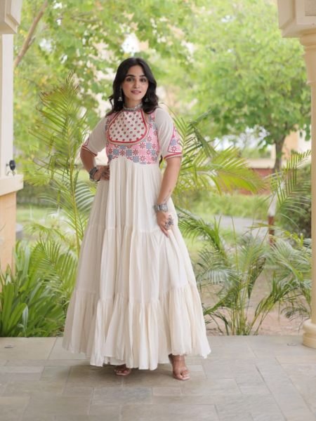 Radiant Off White Cotton Gown with Real Mirror Work and Multi Thread Embroidery Kurtis