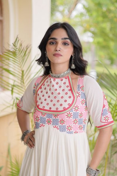 Radiant Off White Cotton Gown with Real Mirror Work and Multi Thread Embroidery Anarkali Kurtis 