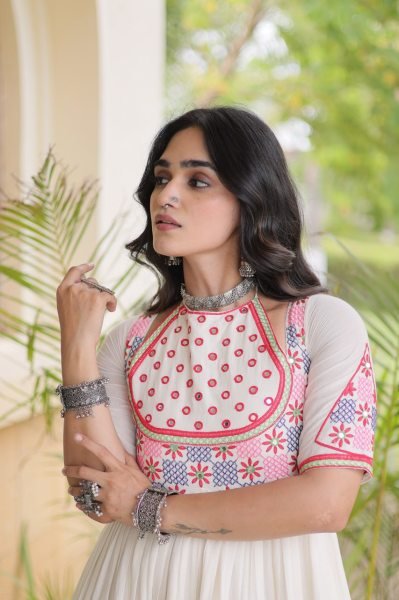 Radiant Off White Cotton Gown with Real Mirror Work and Multi Thread Embroidery Anarkali Kurtis 