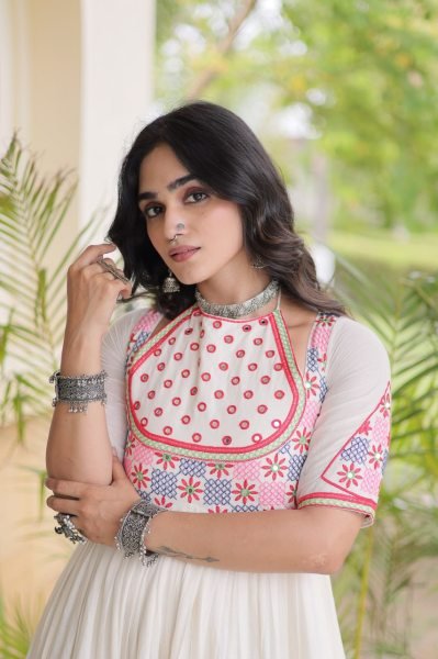 Radiant Off White Cotton Gown with Real Mirror Work and Multi Thread Embroidery Anarkali Kurtis 