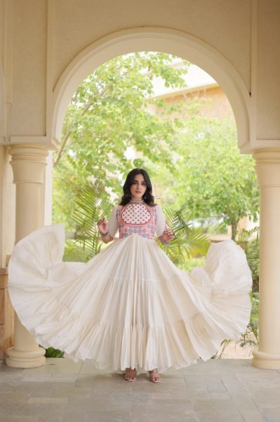 Radiant Off White Cotton Gown with Real Mirror Work and Multi Thread Embroidery Anarkali Kurtis 
