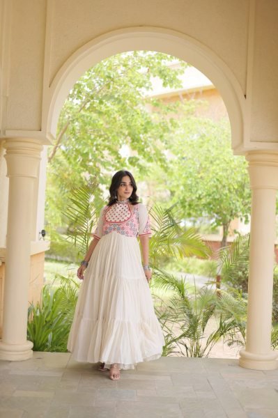 Radiant Off White Cotton Gown with Real Mirror Work and Multi Thread Embroidery Anarkali Kurtis 