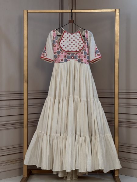 Radiant Off White Cotton Gown with Real Mirror Work and Multi Thread Embroidery Anarkali Kurtis 