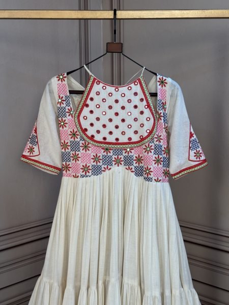 Radiant Off White Cotton Gown with Real Mirror Work and Multi Thread Embroidery Anarkali Kurtis 