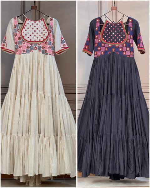 Radiant Off White Cotton Gown with Real Mirror Work and Multi Thread Embroidery Anarkali Kurtis 