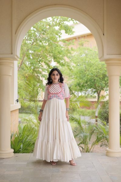 Radiant Off White Cotton Gown with Real Mirror Work and Multi Thread Embroidery Anarkali Kurtis 