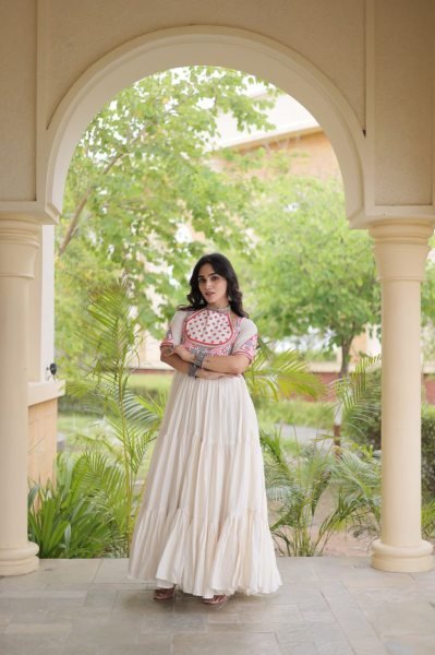 Radiant Off White Cotton Gown with Real Mirror Work and Multi Thread Embroidery Anarkali Kurtis 