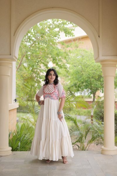 Radiant Off White Cotton Gown with Real Mirror Work and Multi Thread Embroidery Anarkali Kurtis 
