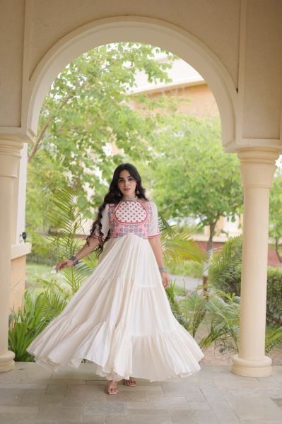 Radiant Off White Cotton Gown with Real Mirror Work and Multi Thread Embroidery Anarkali Kurtis 