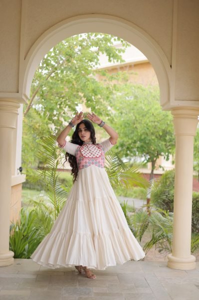 Radiant Off White Cotton Gown with Real Mirror Work and Multi Thread Embroidery Anarkali Kurtis 