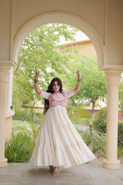Radiant Off White Cotton Gown with Real Mirror Work and Multi Thread Embroidery Anarkali Kurtis 