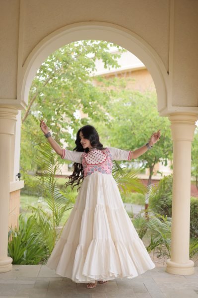 Radiant Off White Cotton Gown with Real Mirror Work and Multi Thread Embroidery Anarkali Kurtis 