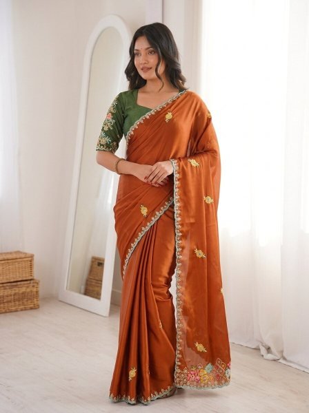 Radiant Orange Rangoli Silk Saree with Cutwork Border for Women at Best Price Silk Sarees Wholesale