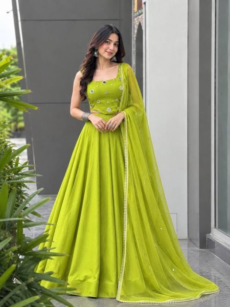 Radiant Parrot Green Rayon Cotton Lehenga Choli with Mirror and Diamond Embroidery Navratri Lehnega Choli