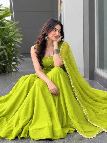 Radiant Parrot Green Rayon Cotton Lehenga Choli with Mirror and Diamond Embroidery Navratri Lehnega Choli