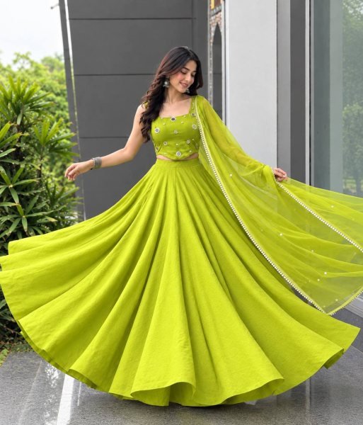 Radiant Parrot Green Rayon Cotton Lehenga Choli with Mirror and Diamond Embroidery Navratri Lehnega Choli